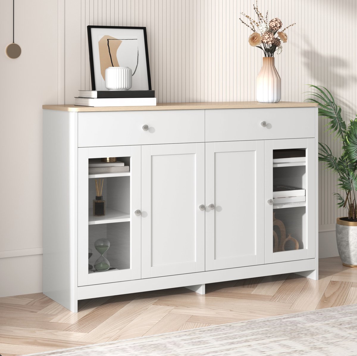 OKWISH Dressoir - 120 x 37 x 80 cm - 4 Deuren, 2 Lades en Glazen Deuren - Verstelbare Planken - Landelijke Stijl - MDF Wit Houtkleur