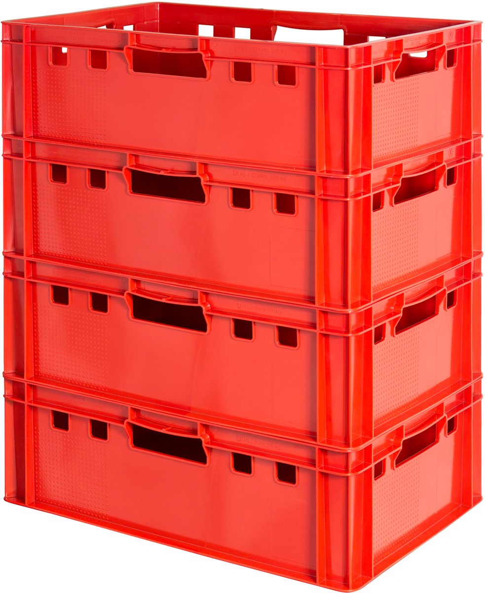 4 E2 Vleeskratten, Rood, Eurobox, Voedselveilig, Slagerskist, Opbergdoos, Plastic Bak, Stapelbaar, 60 x 40 cm, Kingpower