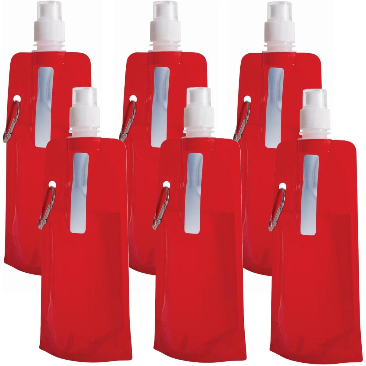 Trendoz Waterfles / drinkfles opvouwbaar - 6x - rood - kunststof - 400 ml - schroefdop - ophanghaak - sport - op reis - ruimtebesparend