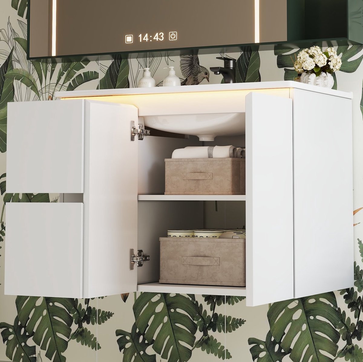 OKWISH Badkamermeubel Met Wastafel - Wandhangend Met LED Radarsensorverlichting - 76x47x57 cm - 2 Lades En 2 Deuren - MDF En Keramiek Wit