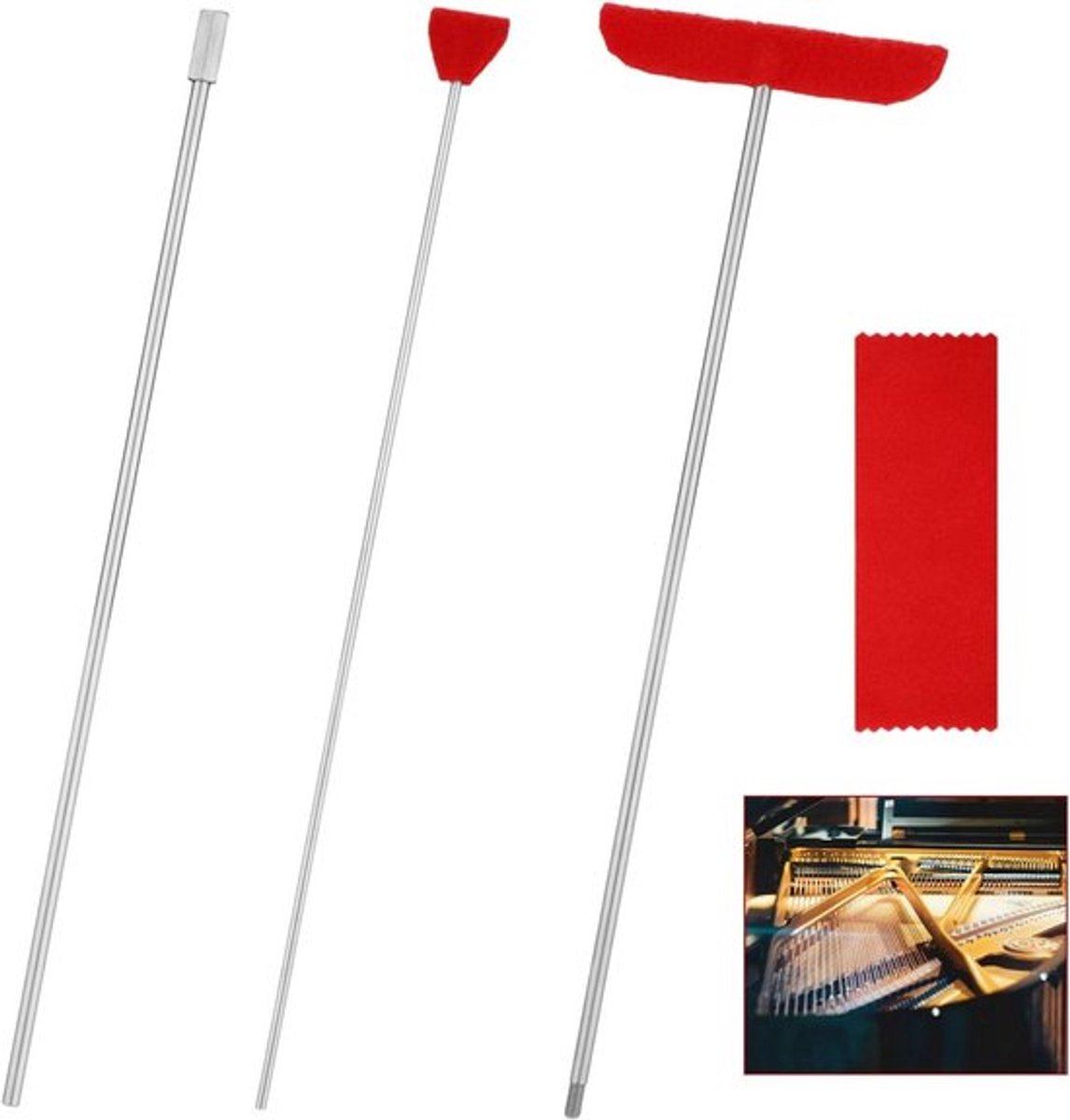 Reinigingsgereedschap voor Vleugelpiano - Borstelkop - Verlengstuk - Zachte Vezeldoek - Klankbordreiniger - Geschikt voor Grote en Kleine Piano's