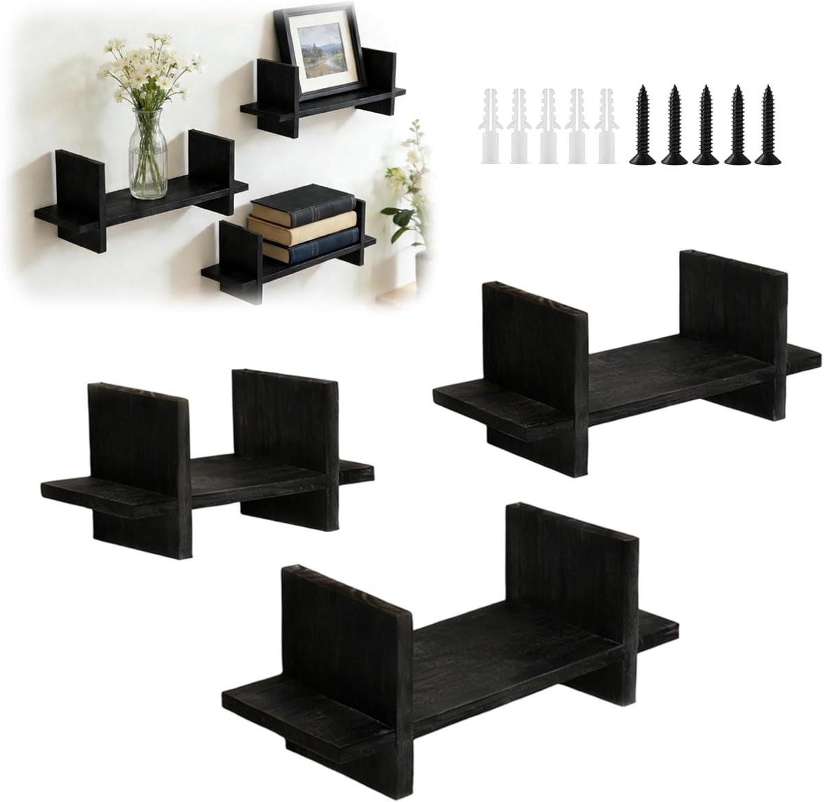 Set van 3 zwevende wandplanken van hout voor stijlvolle wanddecoratie en praktische opslag in keuken, woonkamer en slaapkamer