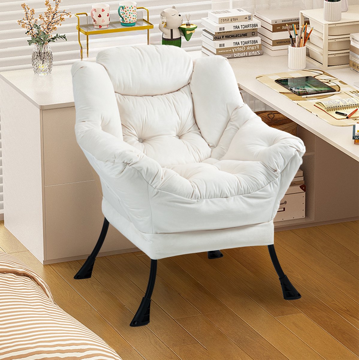 MIVRAY Fauteuil 81 cm - Comfortabele Relaxstoel Met Hoge Rugleuning En Armleuningen - Voor Woonkamer Balkon En Tuin - Metaal Off White