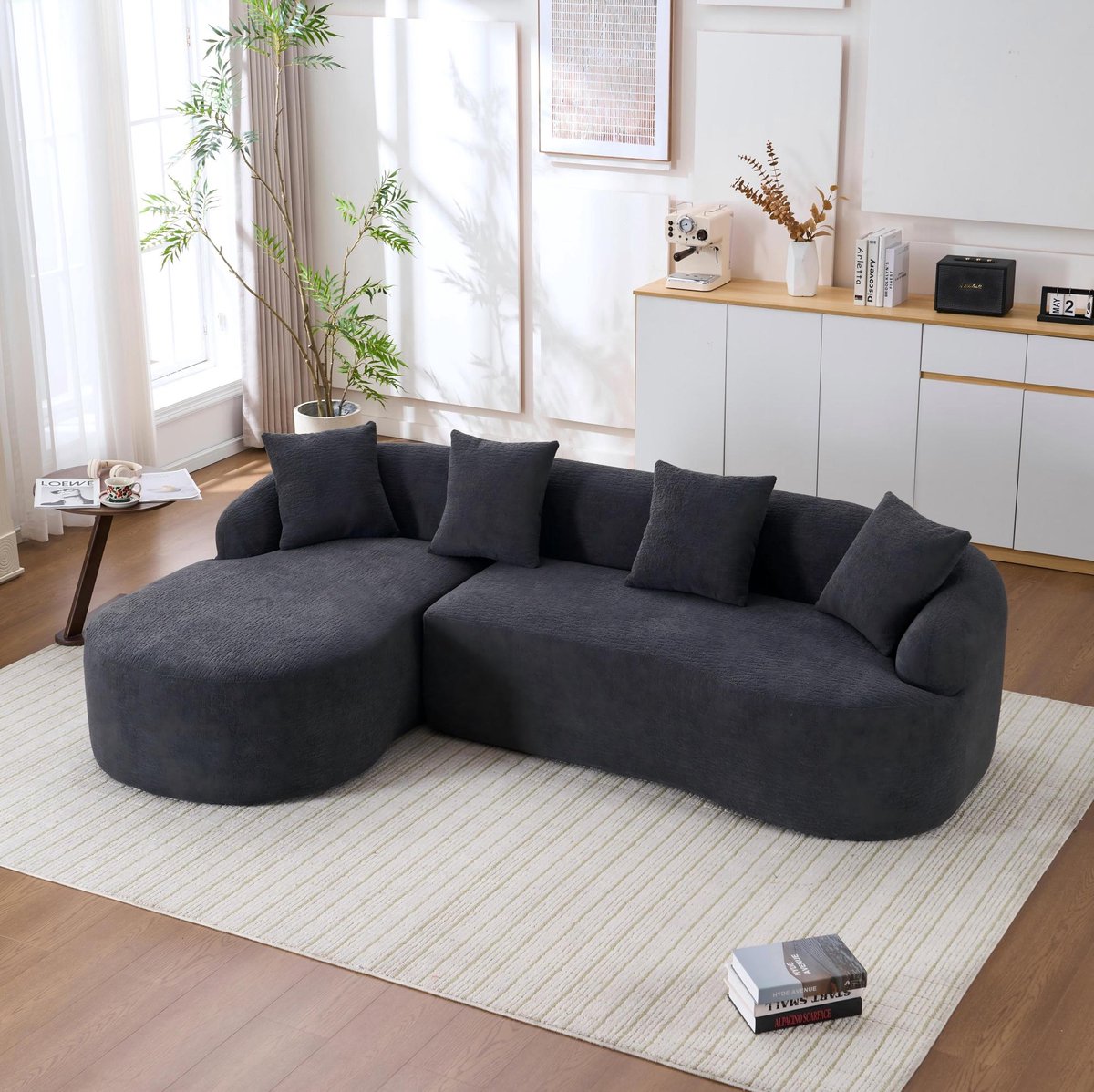 MIVRAY Hoekbank 243 x 150 x 67 cm - Gebogen Design Met Linkse Chaise Longue - Comfortabele 3-Zits Voor Woonkamer En Kantoor - Chenille Donkergrijs