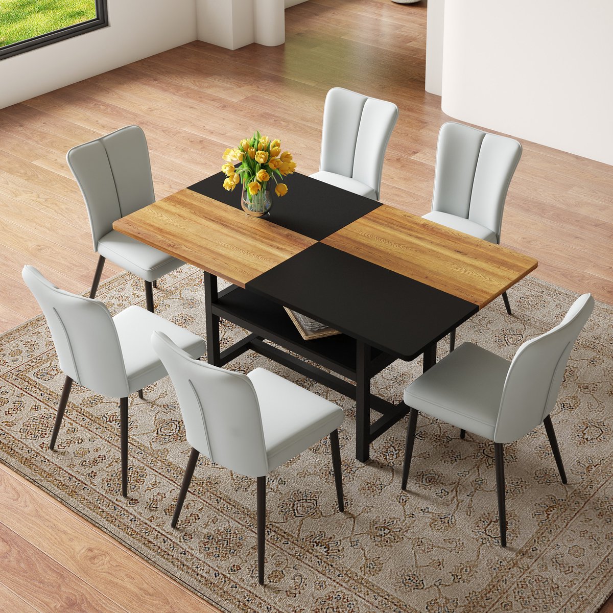 DESMIU Eettafelset 160 Cm - Rechthoekige Eettafel Met Opbergrek En 6 Stoelen - Voor Eetkamer En Keuken - Hout En Metaal Met PU Lichtgrijs
