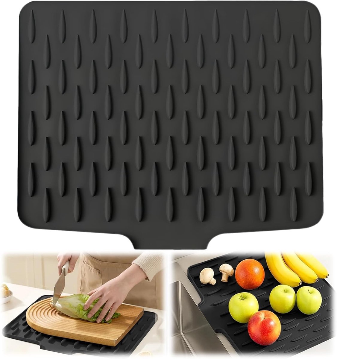 Afdruipmat voor keuken en badkamer, siliconen afdruipmat met wateromleiding, lekvrij en werkbladbescherming 40 x 32,5 cm, ideaal voor servies en gootsteen