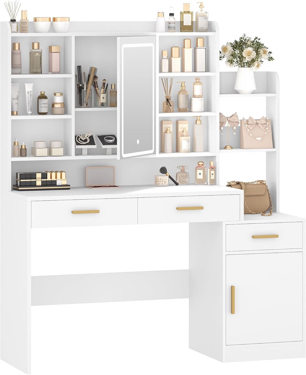 Hzuaneri Kaptafel, Groot Tafelblad met Spiegel en Verstelbare Ledlamp, 3 Opberglades en 1 Opbergkast, Open Planken met Meerdere Niveaus, voor Slaapkamer, Garderobe,40 x 130 x 149 cm,Wit