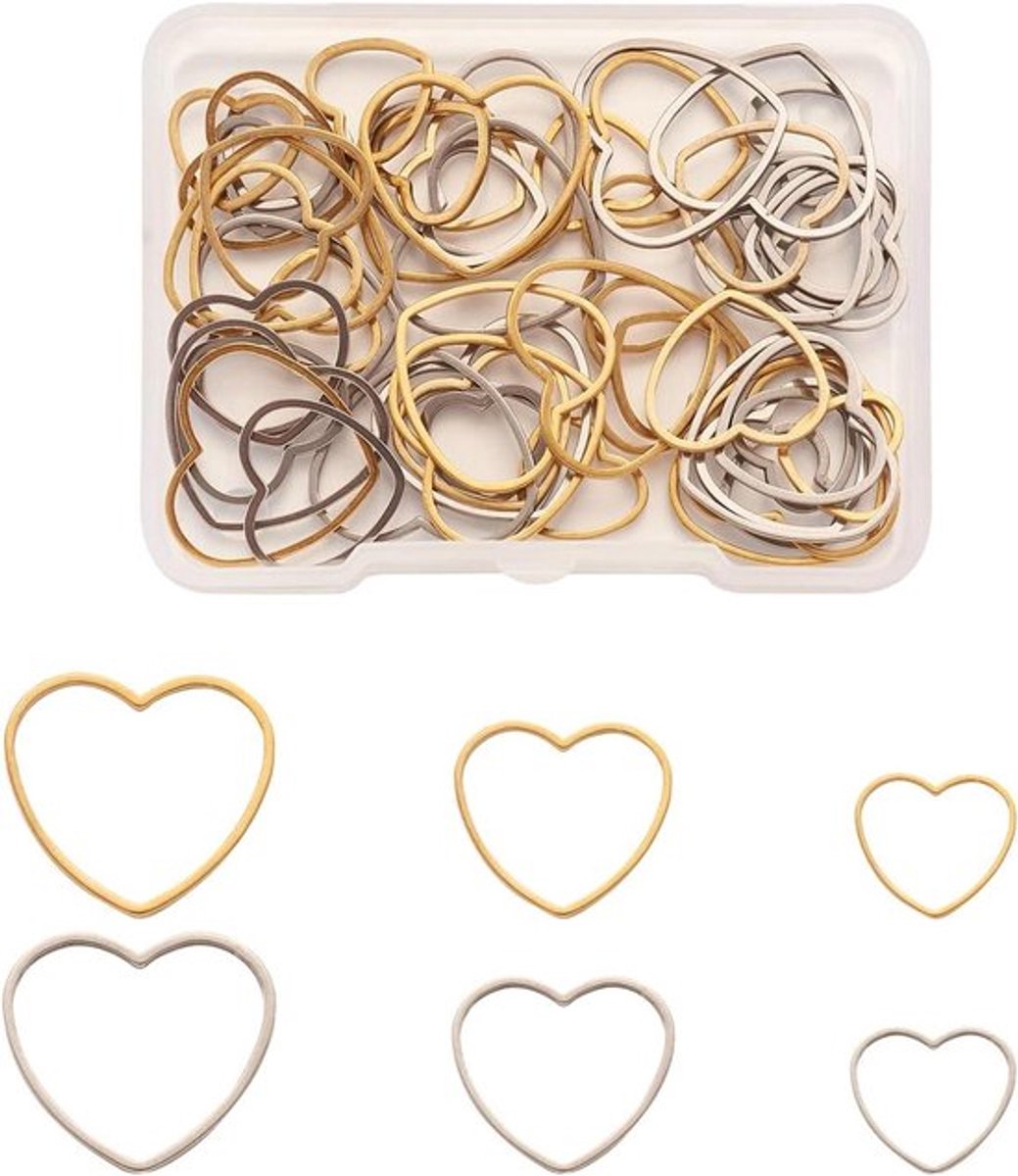 Set van 60 roestvrijstalen holle hartvormige bedelhangers in goud en zilver, met oorbelringen in 3 maten voor het maken van DIY sieraden