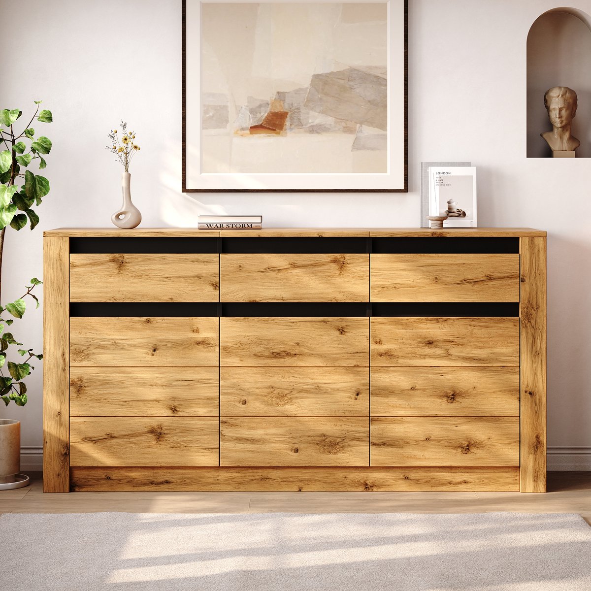 Dressoir met 3 Lades en 3 Deuren 135 x 35 x 70 cm – Sideboard in Houtlook met Verstelbare Planken, Opbergkast voor Woonkamer, Eetkamer of Hal, Moderne Buffetkast Naturel