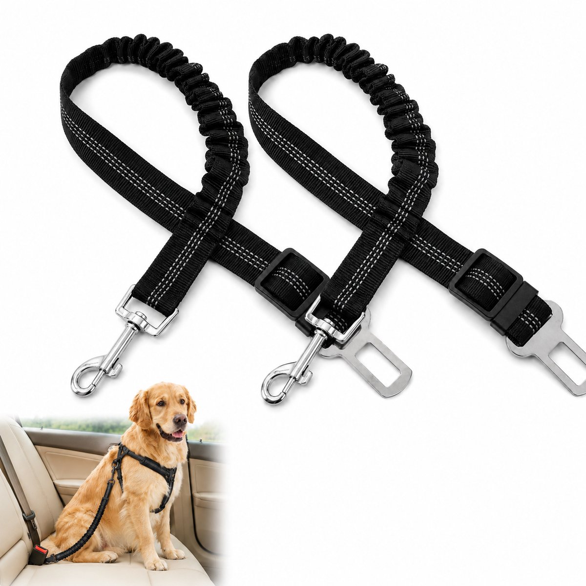 VHV Honden Autogordel 2 Stuks - Elastische Hondenriem Auto - Verstelbaar 50-53 cm - Uitrekbaar tot 75 cm - 360° Draaibare Haak - Zwart