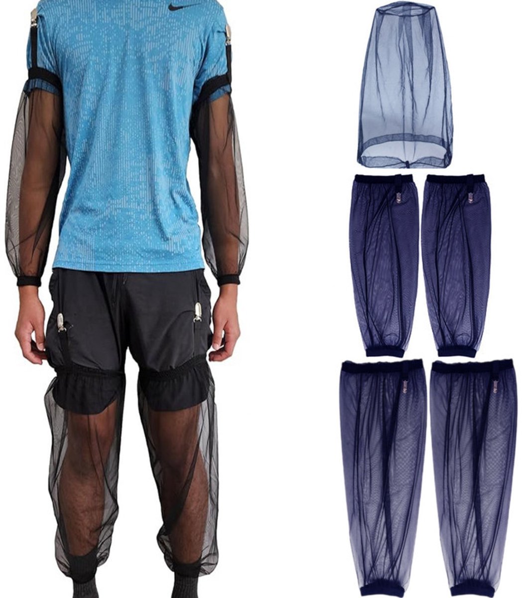 5-delige klamboeset – 1 hoofdnet + 2 armhoezen + 2 beenhoezen – Fijnmazig – Anti-muggenset voor buiten in de zomer – armhoezen – Beenhoezen voor kamperen en sporten – Anti-muggenhoed voor tuinieren en vissen – Geschikt voor kamperen, vissen en meer