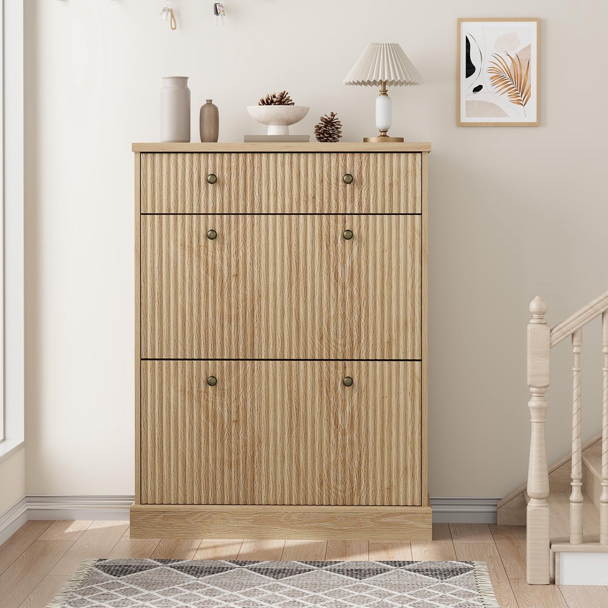 Triumpunpre Schoenenkast met 2 Klepvakken en 1 Lade, Smalle Vrijstaande Kast met Verstelbare en Uitneembare Planken, Golvend Paneel, Naturel houtkleur, 80 x 25,4 x 106,9 cm