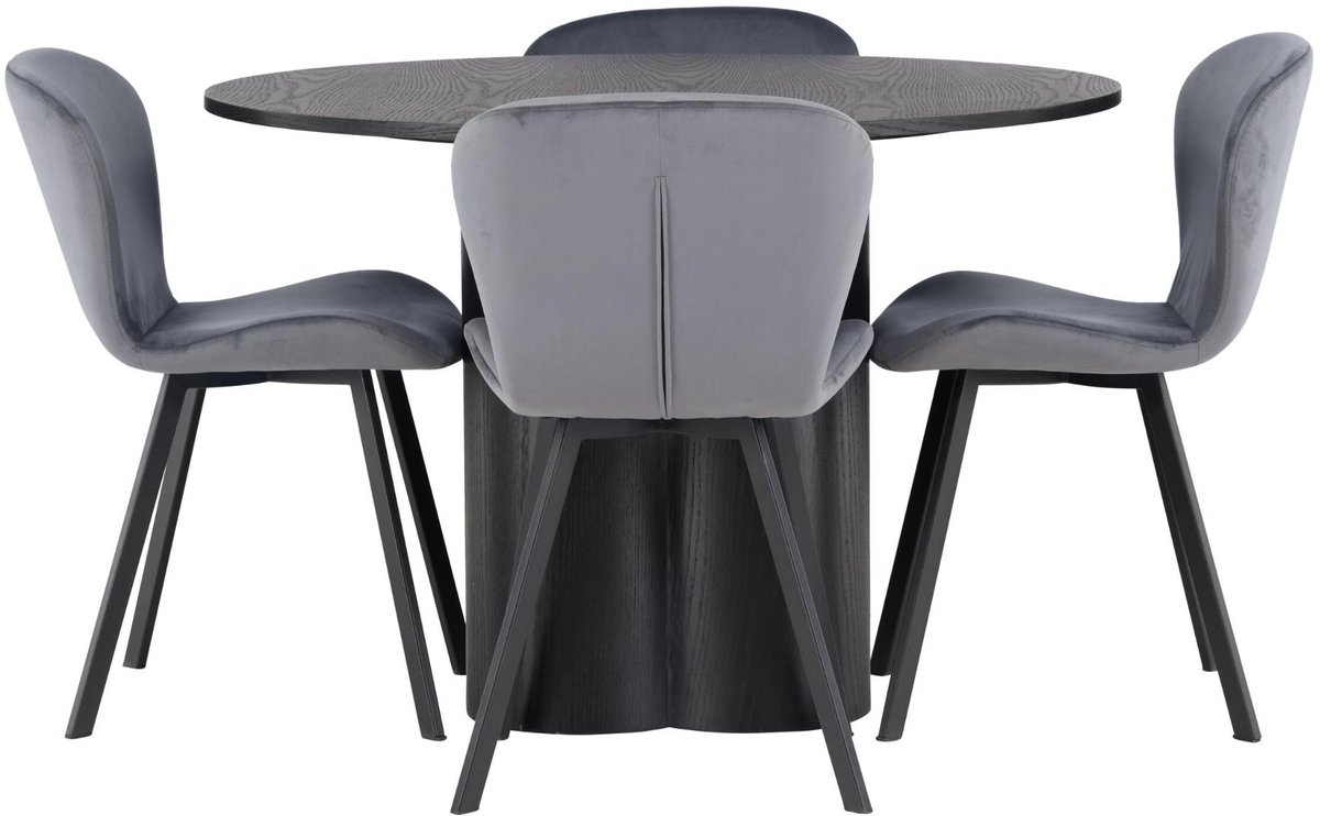 Olivia eethoek eettafel zwart 4 stoelen grijs.