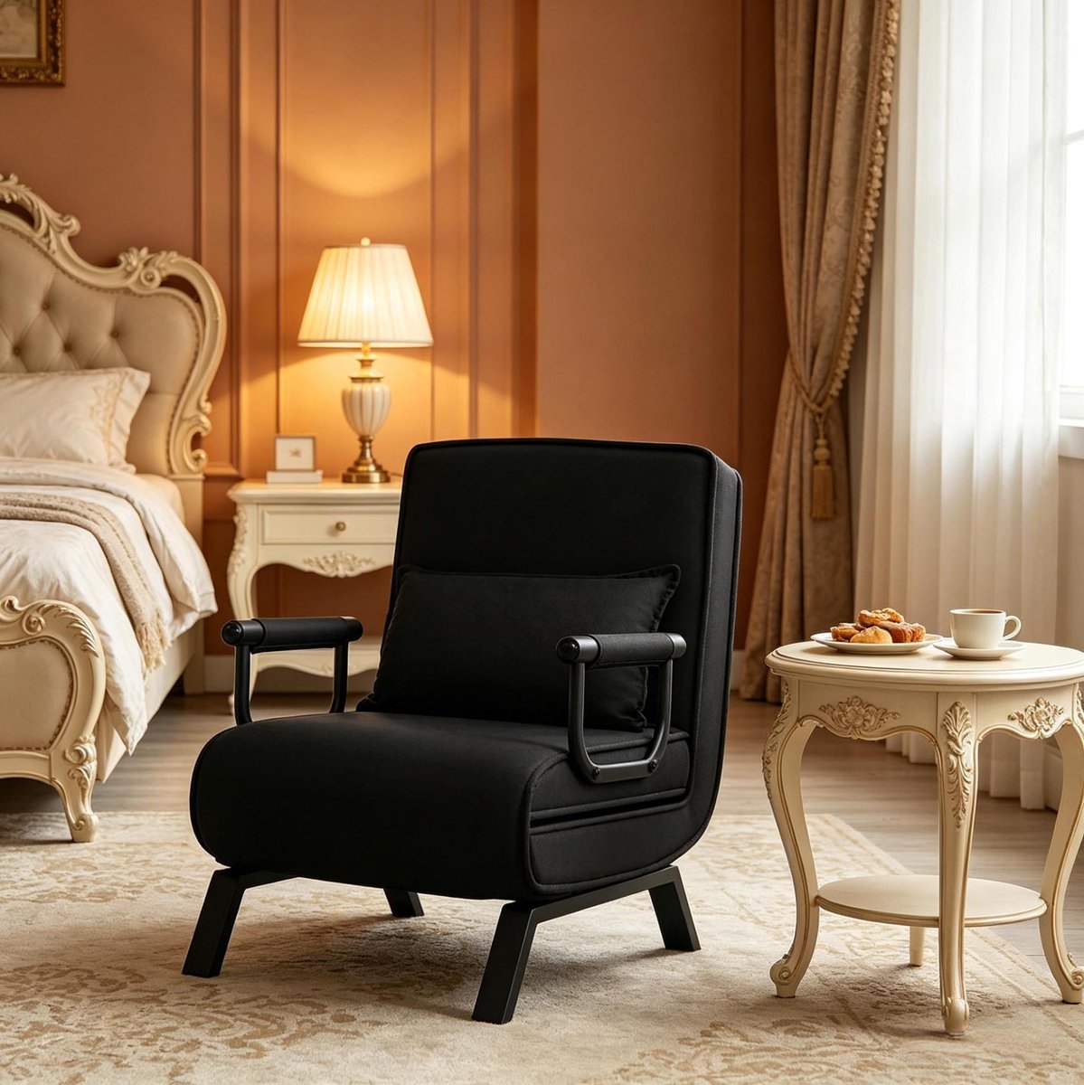 MIVRAY Fauteuil 65 x 78 x 75 cm - 3 in 1 Slaapstoel Met 5 Standen Rugleuning - Voor Woonkamer En Logeerkamer - Stof Metaal Zwart
