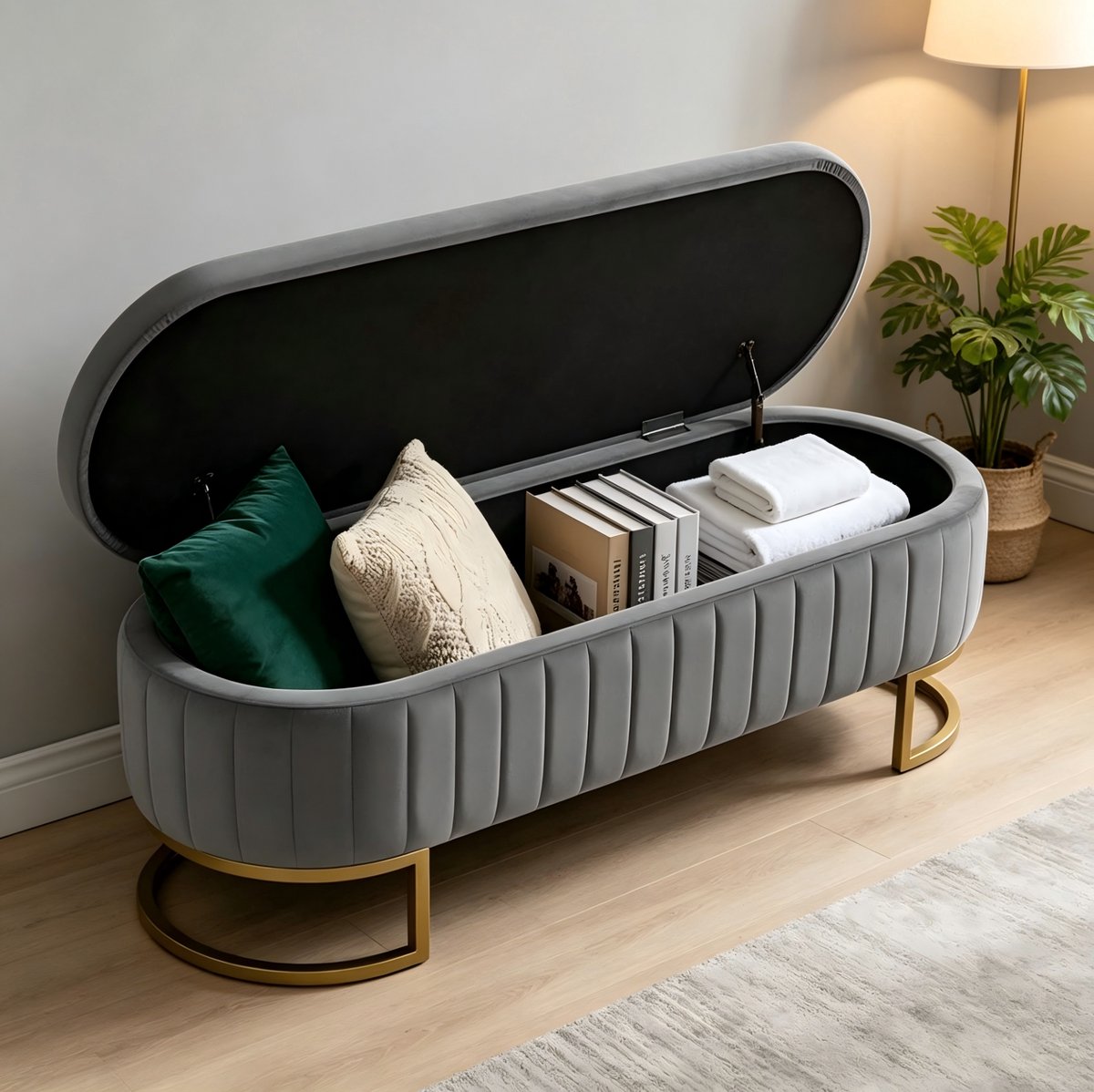 MIVRAY Bedbank 129,5 cm - Met Opbergruimte En Verticale Stikking - Voor Slaapkamer En Hal - Fluweel Met Metalen Poten - Lichtgrijs