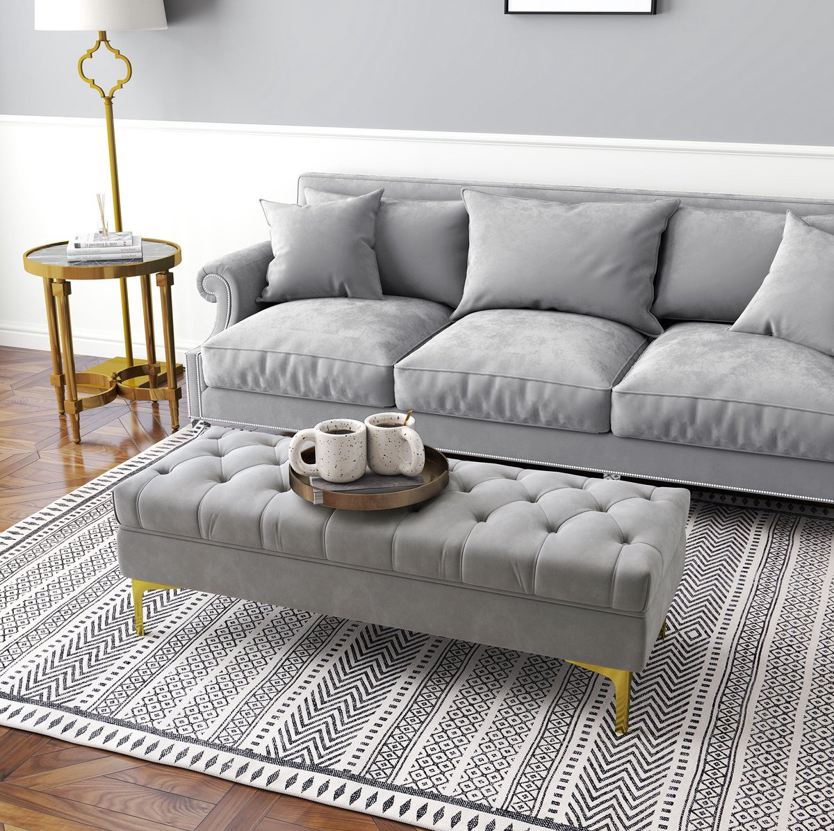 MIVRAY Bedbank 118 x 45 x 42 cm - Gecapitonneerde Zitbank Met Hoge Gouden Poten - Voor Slaapkamer En Hal - Fluweel Lichtgrijs