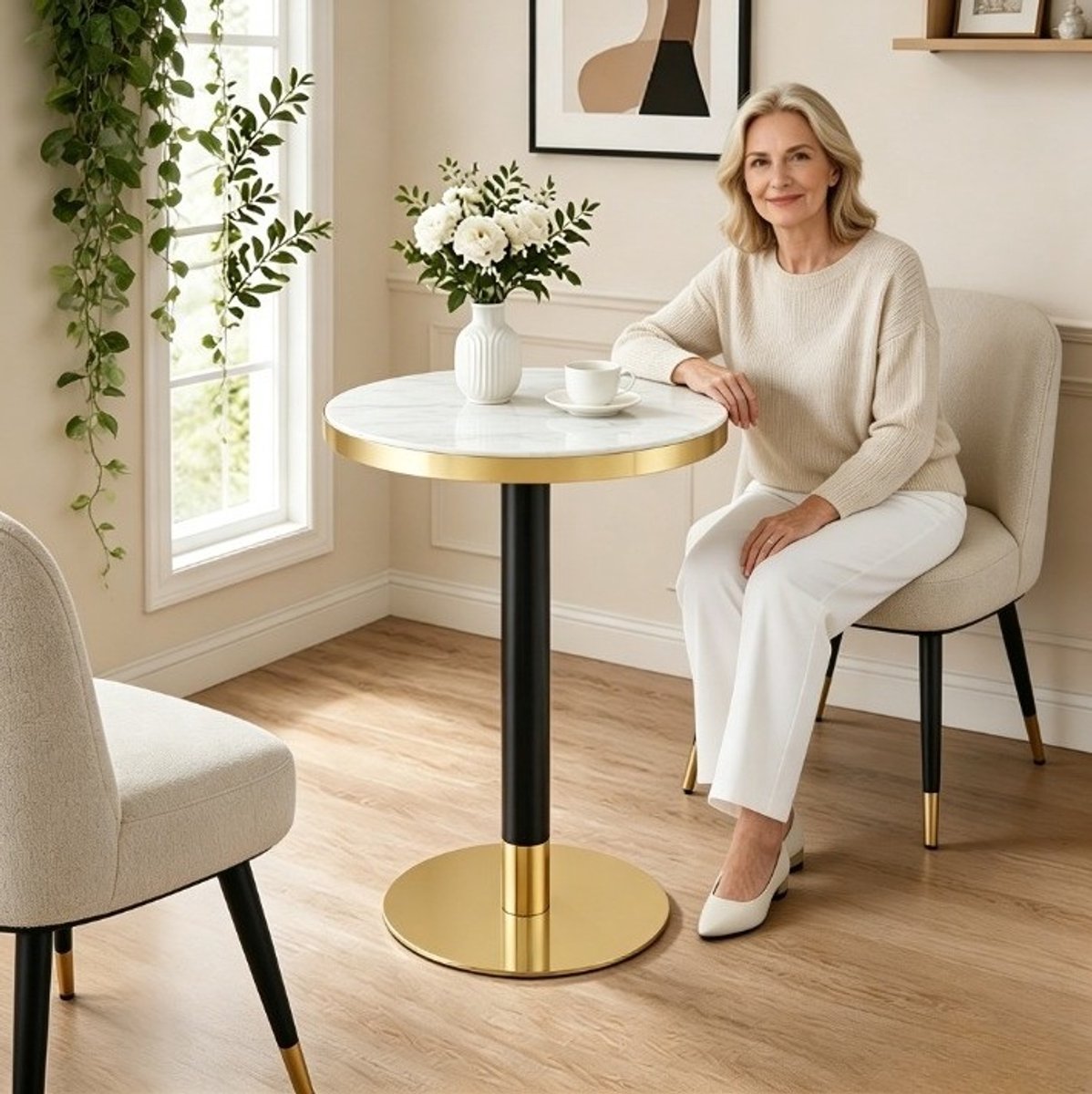 OKWISH Bijzettafel – Ronde Marmereffect Tafel – 60 x 73,7 cm – Voor Woonkamer, Slaapkamer of Balkon – MDF en Metaal Wit/Zwart/Goud