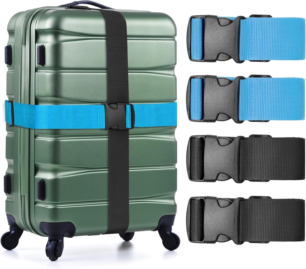 Verstelbare Bagagestraps voor Reisbagage - 4 Stuks in Lichtblauw en Zwart - Veilig en Duurzaam voor Reis en Vakantie