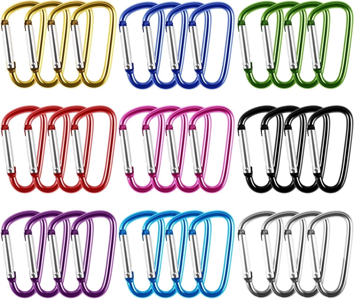 Kleurige Automatische Sluitcarabiners - 36 Stuks Multifunctionele Aluminium Sleutelhangers voor Kamperen, Reizen, Wandelen en Vissen, 3.7 x 46.5mm