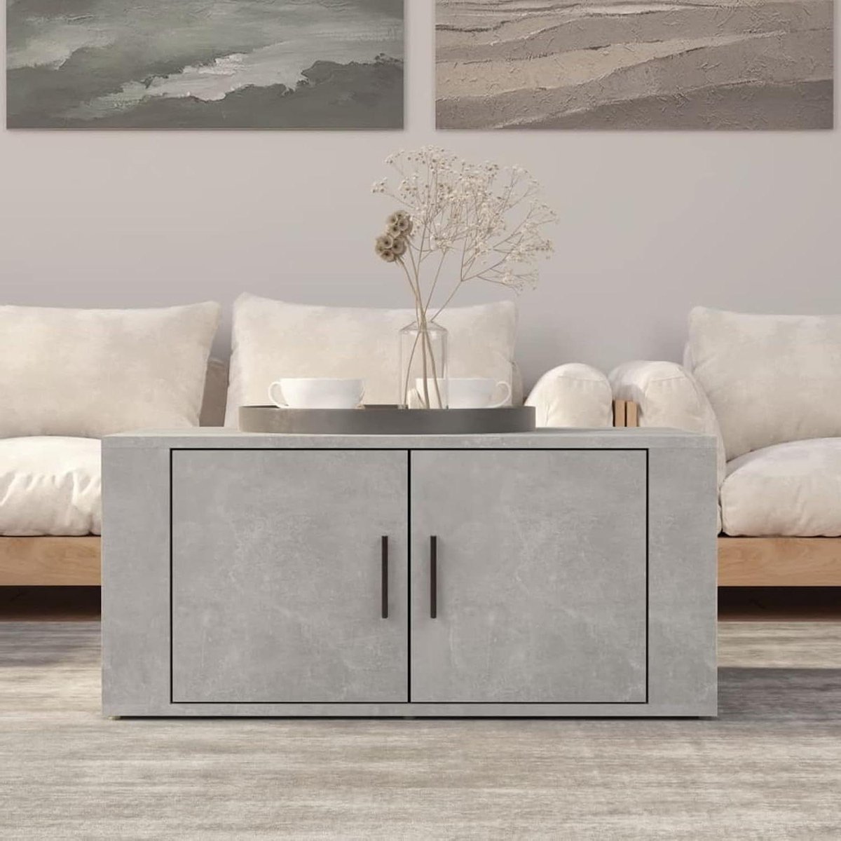 Koffietafel - Salontafel bijzettafel - Woonkamer opbergen - Twee opbergvakken - 80x50x36cm - Betongrijs