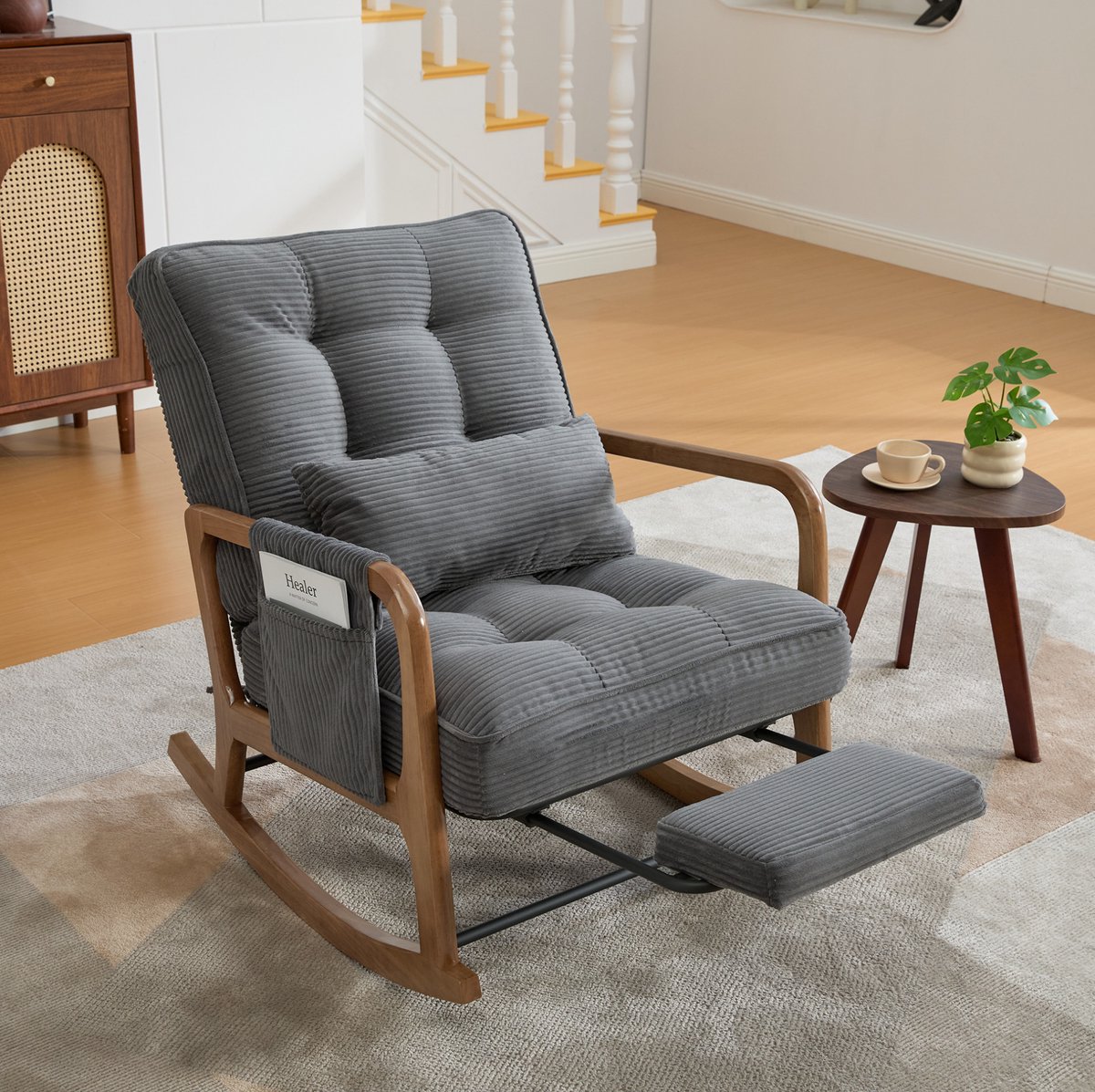 MIVRAY Schommelstoel 70 x 80 x 92 cm - Met Verstelbare Rugleuning En Inklapbare Voetensteun - Voor Woonkamer En Slaapkamer - Cord Grijs
