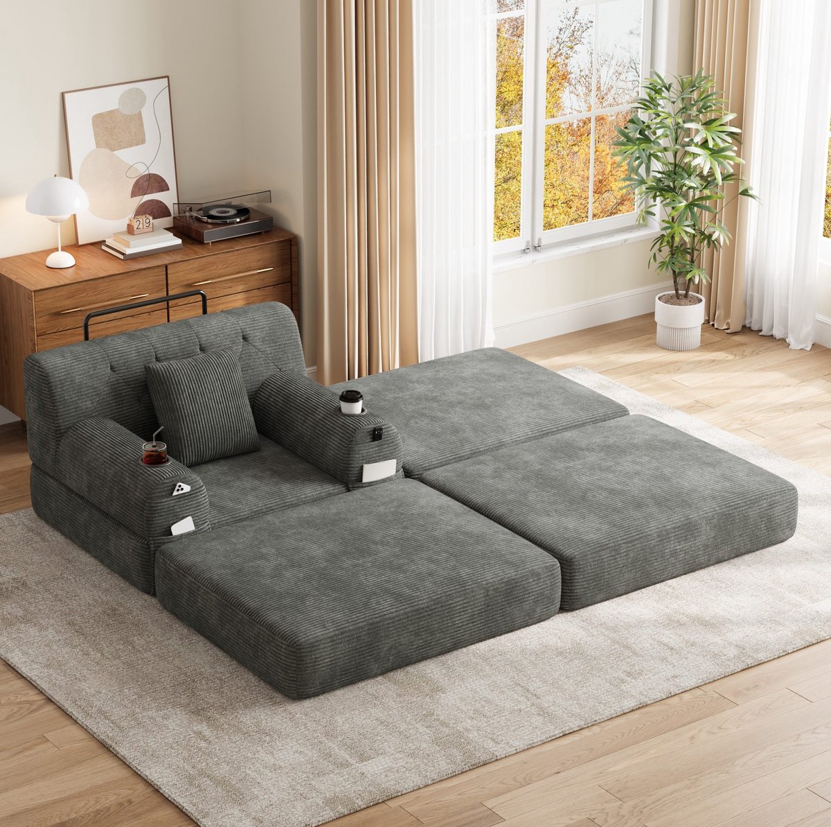 Wishdor - Fauteuil - 1-zits slaapfauteuil met hocker - hoge rugleuning en bekerhouders - modern - woonkamer of logeerkamer - cord stof - donkergrijs - 107 x 162 x 81 cm