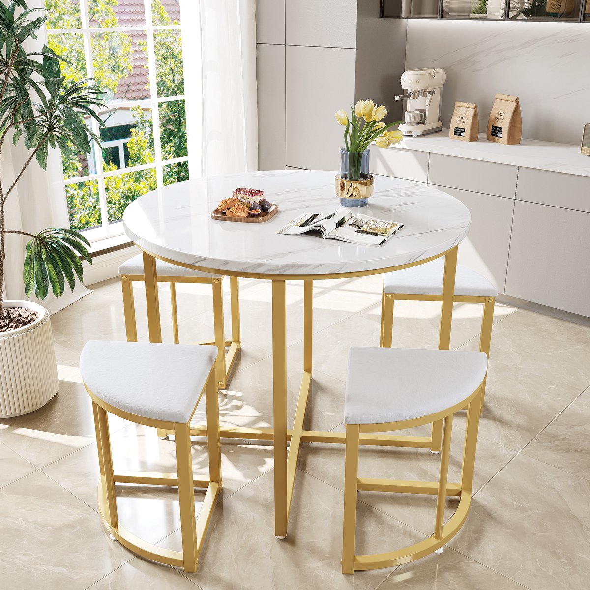 DESMIU Eettafelset 80 x 80 x 75 cm - Ronde Tafel Met 4 Stoelen En Ruimtebesparend Design - Voor Eethoek En Kleine Ruimtes - MDF Metaal - Wit Goud