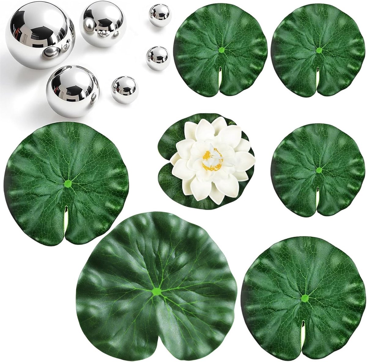 Oogbal met 6 drijvende lotusbladeren en 1 kunstmatige waterlelie voor vijverdecoratie, tuin en fontein met reflecterende tuinballen