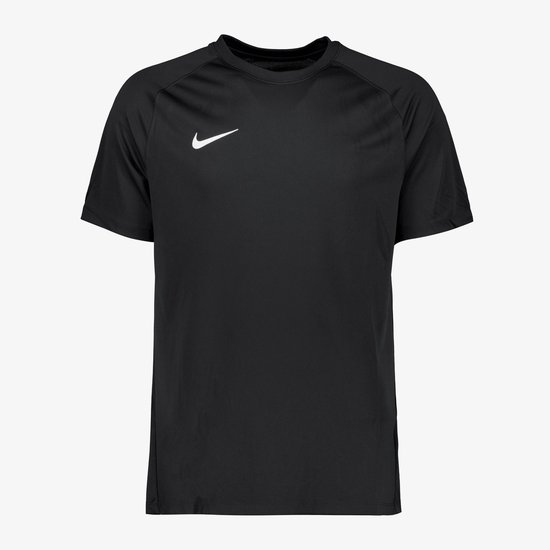 Zwarte Nike sportshirt met witte swoosh op de borst.