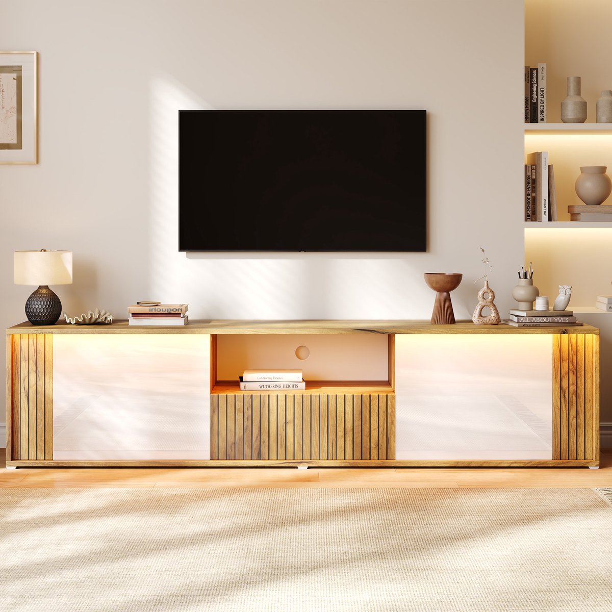 OKWISH TV Meubel - 180 x 40 x 51 cm - 2 Deuren 1 Lade - LED Verlichting - Voor Woonkamer En Slaapkamer - MDF Wit Naturel