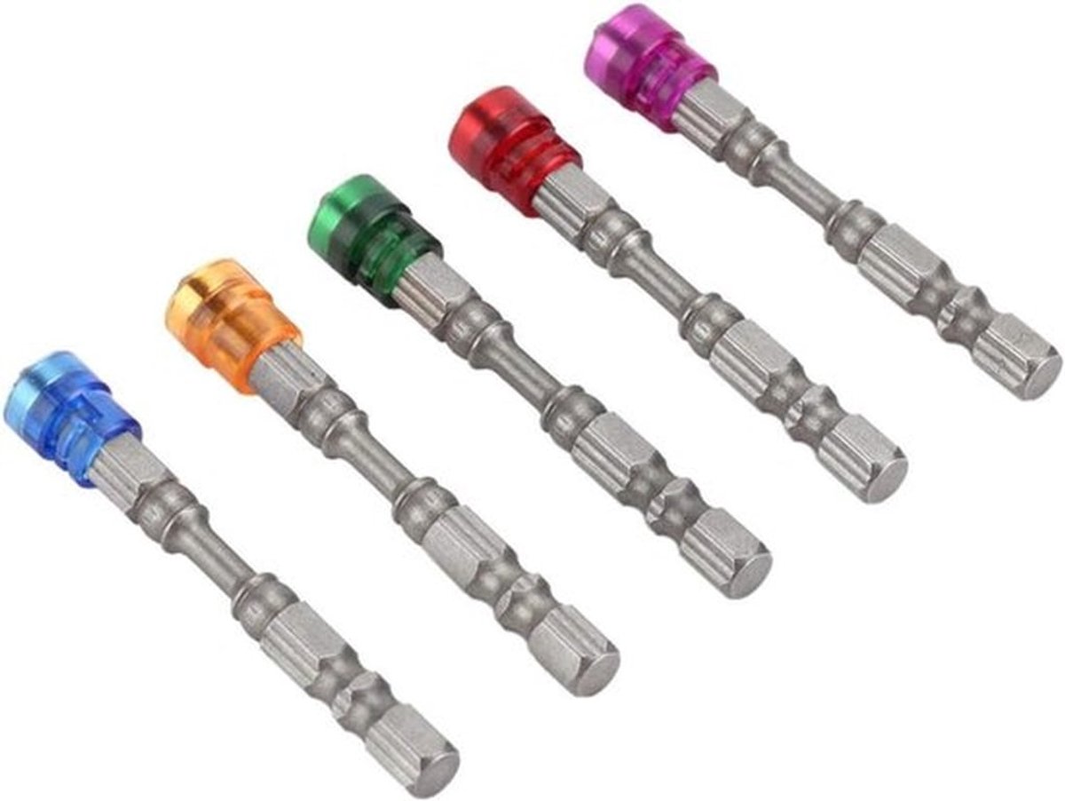 Gipsplaten schroevendraaierbits voor professioneel gebruik - 5 stuks - Sterk magnetisch - PH2 kruiskop - Set met bithouder voor gipsplaatschroeven - 1/4 inch schacht - Mix kleuren.