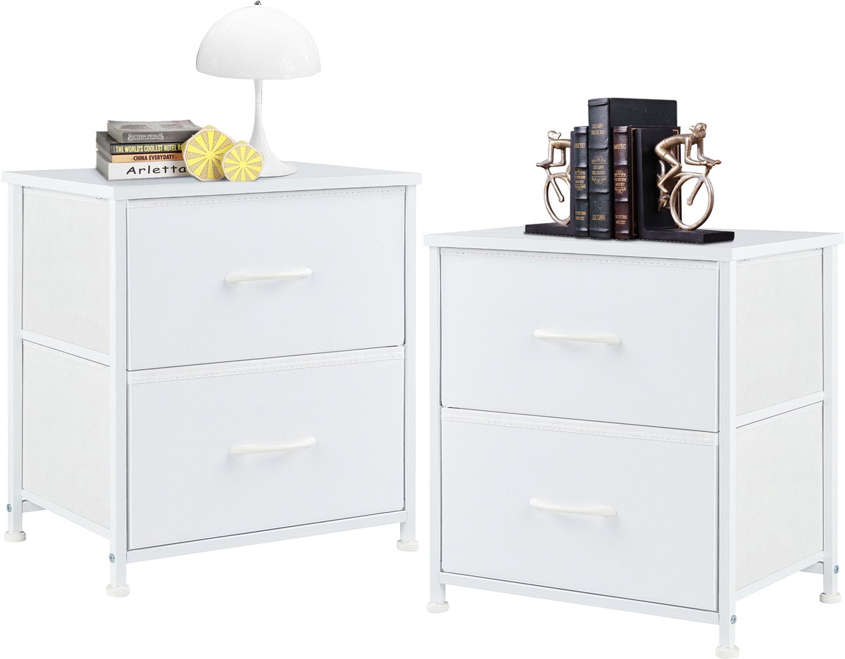 Mura Kledingkast - Nachtkastje - Ladekast - Dressoir - Opbergkast - Commode - Set Van 2 Kasten - 5 Stoffen Lades - Ivoor