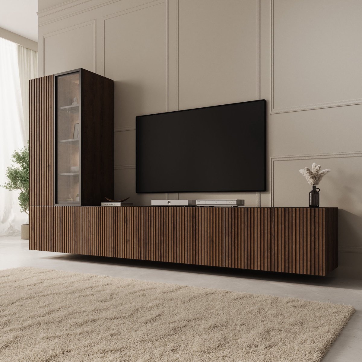 Meubella - Taro - Wandmeubel - Donker eikenpatroon - 260x41x158 cm