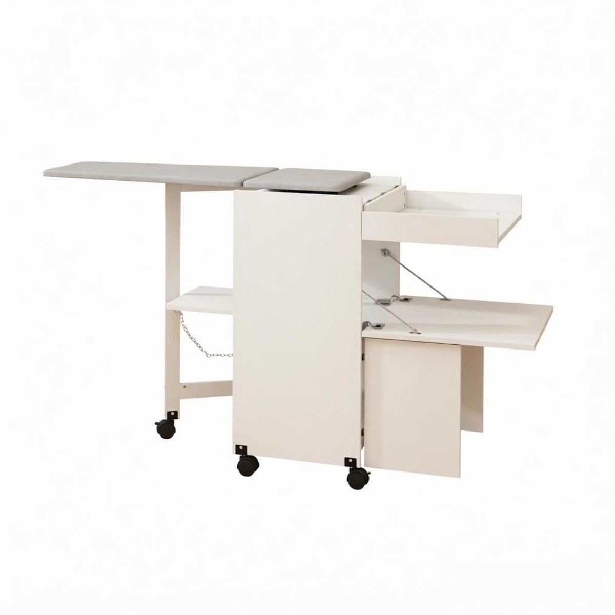 OKWISH Strijkkast Opvouwbaar Met Wielen - Wit Grijs MDF - Met Schuifdeur En Open Opbergvak - Voor Wasruimte - 154 X 55 X 87 Cm