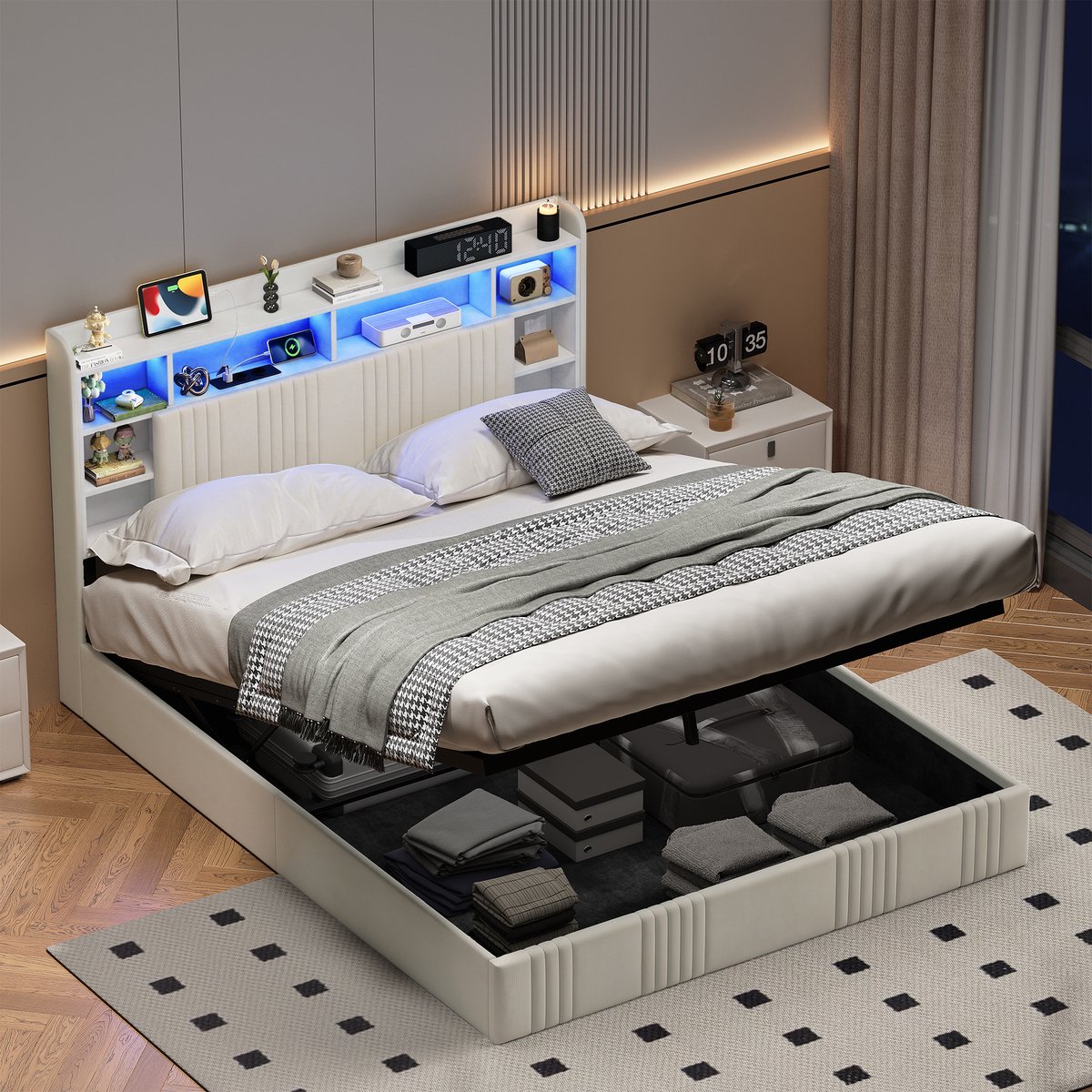 Opbergbed 160x200 cm met RGB-ledverlichting en USB-poorten, Gestoffeerd hoofdbord met opbergruimte, Tweepersoonsbed 160x200 met lattenbodem en hydraulische lift, linnen Beige