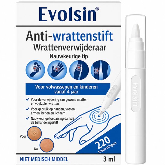 Evolsin anti-wrattenstift met nauwkeurige tip, voor volwassenen en kinderen vanaf 4 jaar. Voor de verwijdering van wratten.