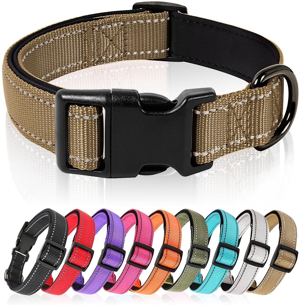 Famanu – Reflecterende hondenhalsband, gevoerd en ademend, zachte neopreen nylon halsband, verstelbaar voor kleine, middelgrote en grote honden, bruin, maat M