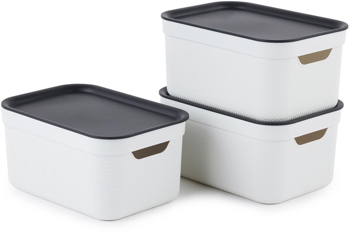 Famanu – Dekobox set van 3 opbergdozen van 5 liter met deksel, gerecycled kunststof, wit/antraciet, 3x5l (26,5 x 18,5 x 13,2 cm