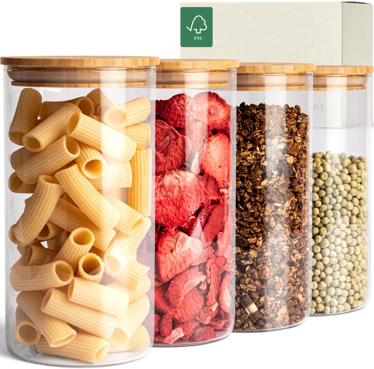 Famanu – Voorraadpotten set van 4 x 1200ml, luchtdichte glazen voorraadpotten met deksels van duurzaam bamboe voor meel en granen