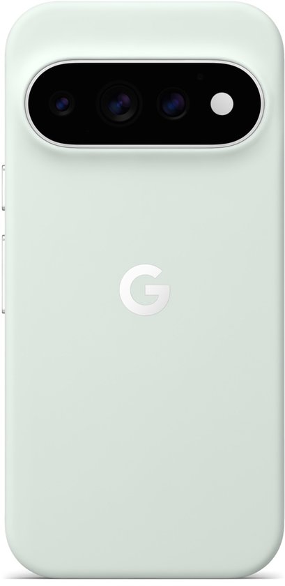 Lichtgroene magnetische telefoonhoes met Google G-logo en een camera-uitsnede.