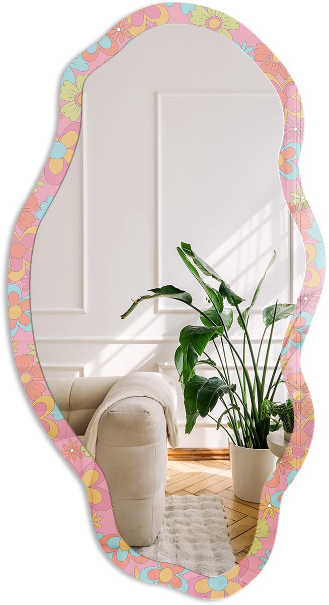 Coloray Bloemmotieven Spiegel - Roze Stijlvolle Wandspiegel - Organische Spiegel - Slaapkamer, Woonkamer, Kantoor - Illustratief - 45x90 cm - Totale afmeting 52x97 cm