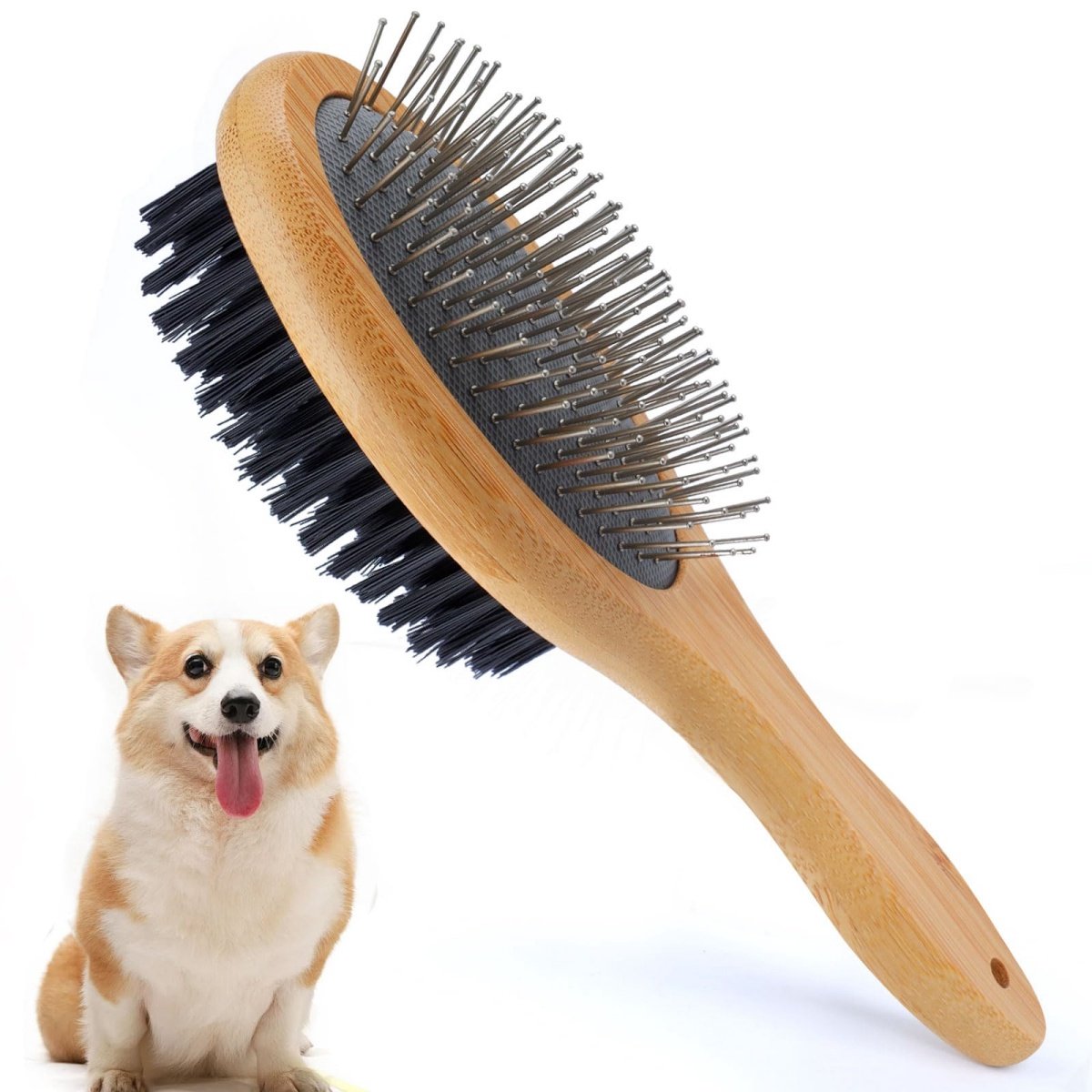longziming -Dubbelzijdige Hondenborstel - Kattenborstel - Bamboe Vachtborstel - Ontwarrende Borstel met Zachte en Stevige Borstelharen - Ergonomische Antislip Handgreep - Voor Honden Katten en Paarden