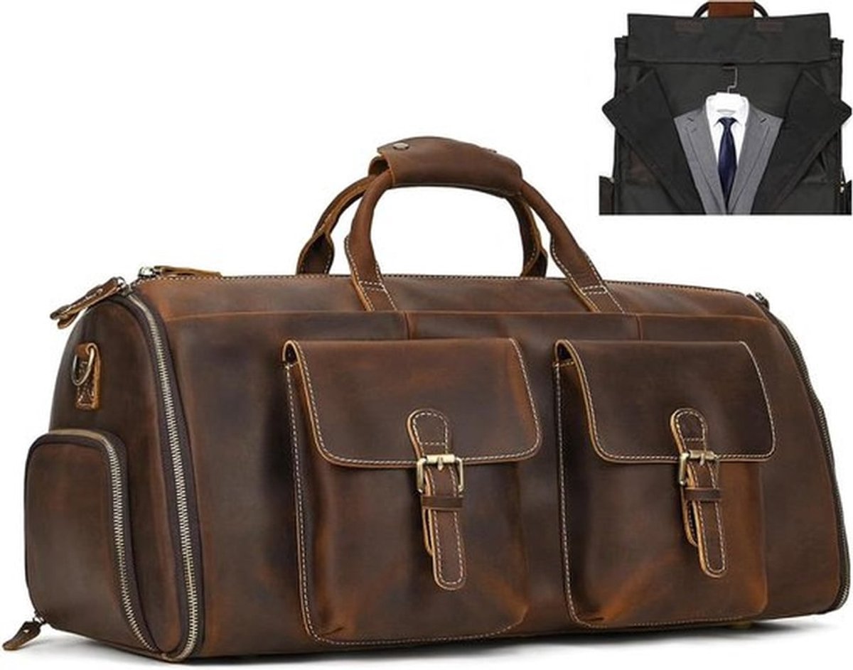 Reistas voor heren - Echt leer - Kledingzak - 2-in-1 kledingtas met schoenenvak - Sporttas - Weekendtas - 2203 - Bruin - Retro.