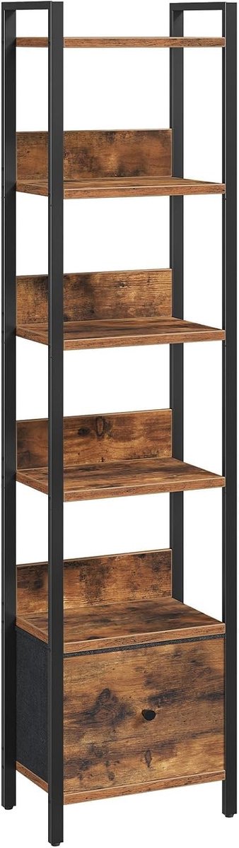 Lexium Store Verticale onzichtbare boekenkast - Vintage Bruin en Zwart - 33 x 24 x 157,5 cm - Met 6 Niveaus en Uitneembare Lade - Voor Kleine Ruimtes en Thuiskantoor Vintage Bruin, Zwart