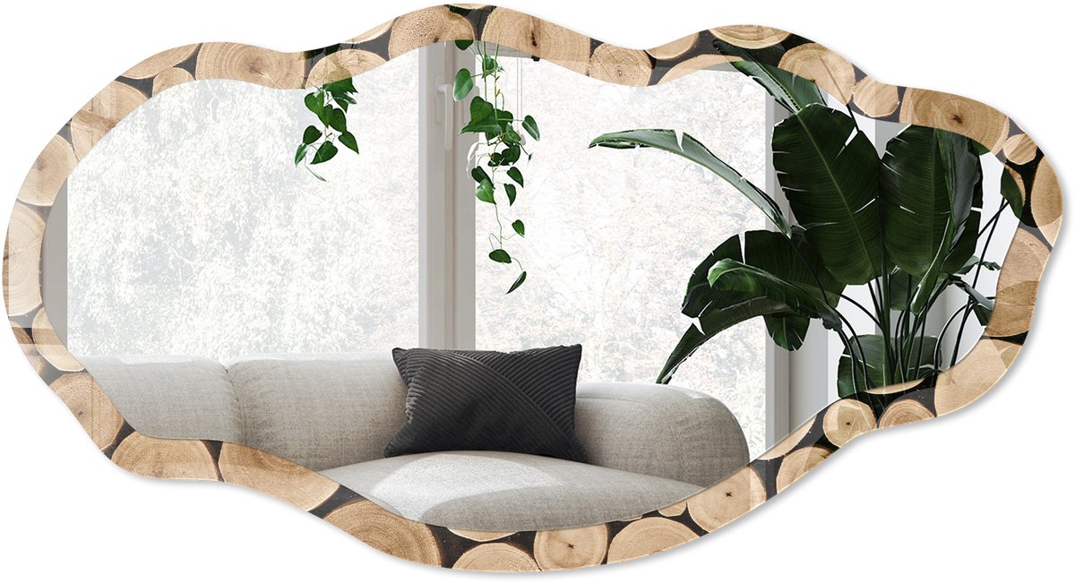 Wallfluent Houten Cirkels Spiegel - Beige Stijlvolle Wandspiegel - Organische Spiegel - Woonkamer - Rustiek - 45x90 cm - Totale afmeting 52x97 cm