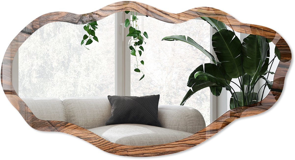 Wallfluent Houtstructuur Spiegel - Bruin Rechthoekige Spiegel Voor Interieur - Organische Spiegel - Woonkamer, Kantoor, Slaapkamer - Rustiek - 45x90 cm - Totale afmeting 52x97 cm