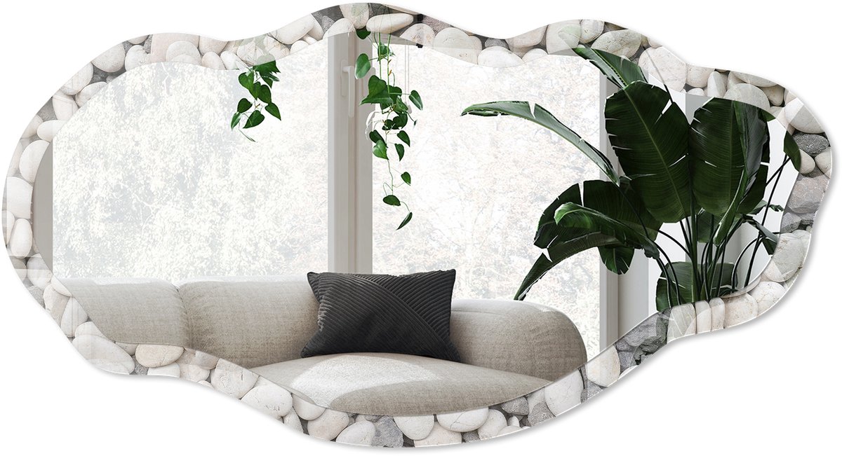Wallfluent Mozaïek Van Steen Spiegel - Beige Strakke Rechthoekige Spiegel - Organische Spiegel - Badkamer, Hal, Woonkamer - Minimalistisch - 45x90 cm - Totale afmeting 52x97 cm