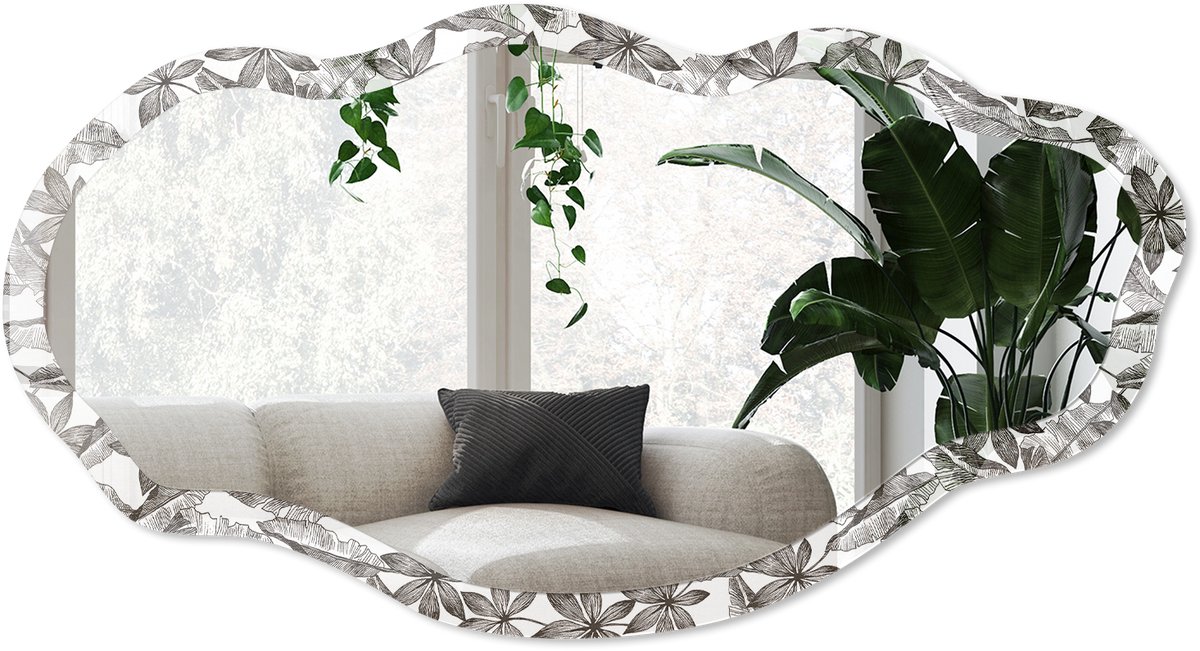 Wallfluent Tropisch Ornament Spiegel - Zwart-Wit Stijlvolle Wandspiegel - Organische Spiegel - Woonkamer - Illustratief - 45x90 cm - Totale afmeting 52x97 cm