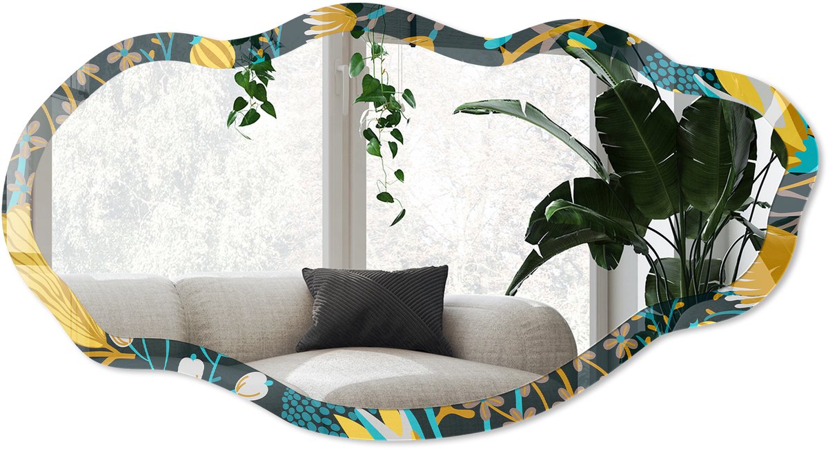 Wallfluent Plantenpatroon Spiegel - Zwart Moderne Rechthoekige Wandspiegel - Organische Spiegel - Slaapkamer, Woonkamer, Kantoor - Illustratief - 45x90 cm - Totale afmeting 52x97 cm
