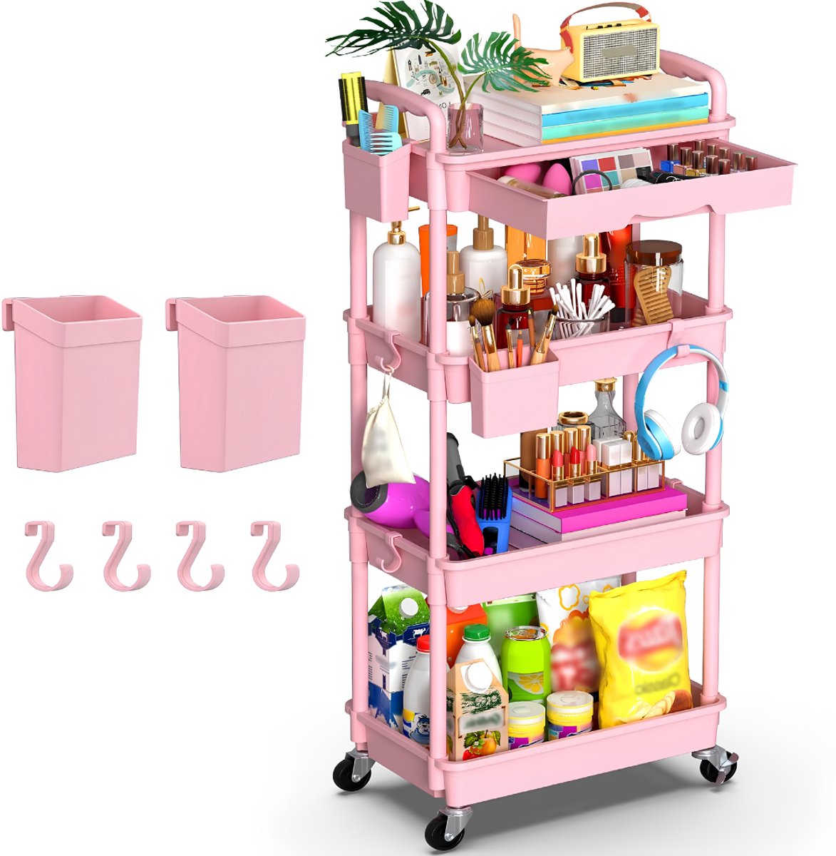 Lìon® Keukentrolley - Badkamer Organizer - Keukentrolley Op Wieltjes - Roze - 37cm x 27cm x 105cm